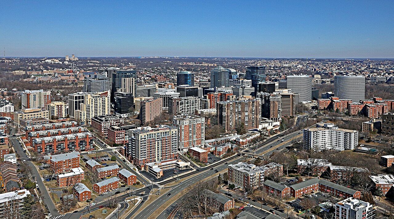 Aerial view of the Rosslyn skyline in Arlington, Virginia