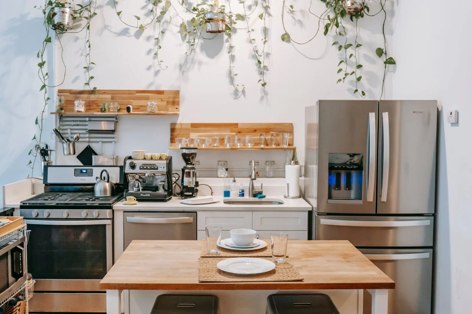 Bright clean home kitchen with fresh plants