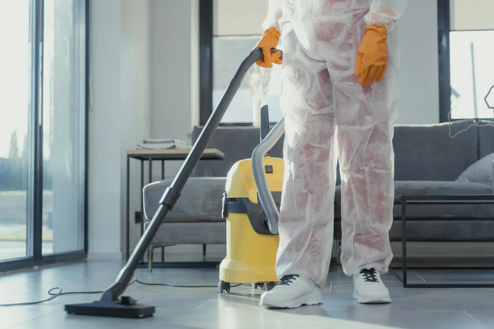 Deep cleaning in protective gear with a commercial vacuum