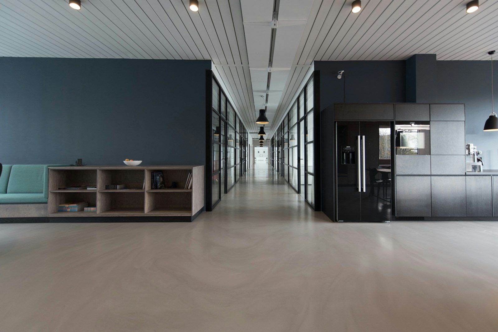 Immaculate modern office corridor and break area